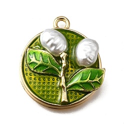 Зеленый лайм Подвески из эмали и сплава, с ABS имитации жемчуга, плоская круглая с подвеской в виде цветка, стойки покрытие, долговечный, без свинца, без кадмии и без никеля, золотые, зеленый лайм, 24x21x5.5 мм, отверстие : 1.8 мм