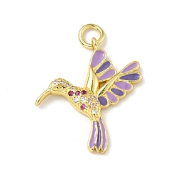 Mauve Brass Micro Pave Cubic Zirconia Pendants, with Enamel and Jump Ring, Golden, Lead Free & Cadmium Free & Nickel Free, Birds, Mauve, 27x24x3mm