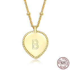 Letter B 925 Sterling Silver Satellite Chains Pendant Necklaces, Heart, Golden, Letter B, 15.75 inch(40cm)