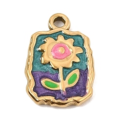 Purple 303 Stainless Steel Enamel Pendants, Rectangle with Flower Charms, Ion Plating(IP), Golden, Purple, 22x15x2.5mm, Hole: 2.5mm