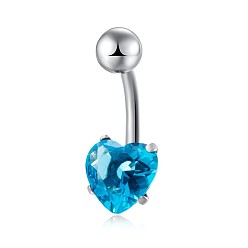 Deep Sky Blue Piercing Jewelry, Brass Cubic Zirconia Navel Ring, Belly Rings, with 304 Stainless Steel Bar, Lead Free & Cadmium Free, Heart, Platinum, Deep Sky Blue, 20x8mm, Bar: 15 Gauge(1.5mm), Bar Length: 3/8"(10mm)