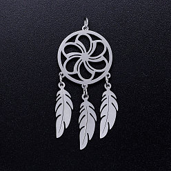 Stainless Steel Color 201 Stainless Steel Pendants, with Jump Rings, Woven Net/Web with Feather, Stainless Steel Color, 46x20x1mm, Hole: 3mm, Ring: 5x0.8mm