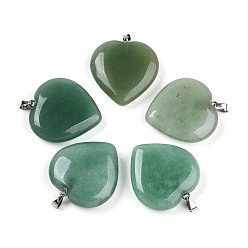 Зеленый Авантюрин Естественный зеленый авантюрин подвески, с защелкой из нержавеющей стали на поручнях, сердце, цвет нержавеющей стали, 31x30x8 мм, отверстие : 5.5x2.5 мм