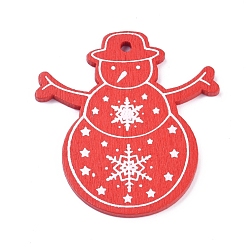 Red Platane Wood Pendants, Snowman, for Christmas, Red, 50x46.5x2.5mm, Hole: 3mm
