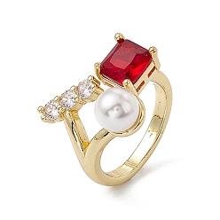 Crimson Rack Plating Brass Cubic Zirconia Cuff Rings for Women, Square Long-Lasting Plated Open Ring, with Plastic Imitation Pearl, Lead Free & Cadmium Free, Real 18K Gold Plated, Crimson, 2.7~18.5mm, Inner Diameter: US Size 6 1/4(16.8mm), Square: 7x7.5mm, Rectangle: 10.5x3.5mm, Plastic Pearl: 7mm