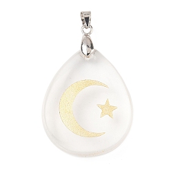 Хрусталь Природного кварца хрустальных подвесок, с реечной обшивкой латунными выводами, без кадмия и без свинца, подвеска в виде капли, луны и звезды, 31x25x5~7 мм, отверстие : 4.5x4 мм