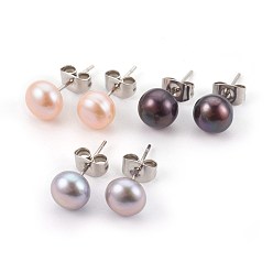 Mixed Color Natural Pearl Beads Ear Studs, with 304 Stainless Steel Findings, Round, Mixed Color, 16~18x5~7mm, Pin: 0.7mm