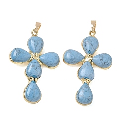 Synthetic Turquoise Synthetic Turquoise Pendants, Cross Charms, with Golden Tone Brass Findings, 38~41x22.5~23.5x5.5~6mm, Hole: 5.5x3.5mm