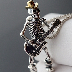 Antique Silver Alloy Pendant Necklaces, Skull with Guitar, Antique Silver, 23.62 inch(60cm)
