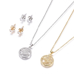 Golden & Stainless Steel Color 304 Stainless Steel Jewelry Sets, Brass Micro Pave Cubic Zirconia Pendant Necklaces and 304 Stainless Stud Earrings, with Plastic Ear Nuts/Earring Back, Flat Round with Butterfly, Clear, Golden & Stainless Steel Color, 17.72 inch(45cm), 1.5mm, 15x5.5mm, Pin: 0.7mm