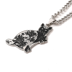 Stainless Steel Color 304 Stainless Steel Enamel Pendant Necklaces, Cat Shape, Stainless Steel Color, 19.29 inch(49cm)