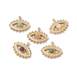 Mixed Stone Natural Mixed Stone Pendants, with Ion Plating(IP) Real 24K Gold Plated 304 Stainless Steel Findings, Horse Eye Charm, 15x18x3.5mm, Hole: 1.5mm