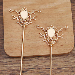 Light Gold Iron Hair Stick Findings, with Alloy Cabochons Setting, Teardrop with Flower, Light Gold, Tray: 14x10mm, 145x47x6mm, Pin: 2.5mm