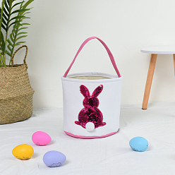 Cerise Cloth Bunny Pattern Baskets with Glitter Sequins, Easter Eggs Hunt Basket, Gift Toys Carry Bucket Tote, Cerise, 230x240mm