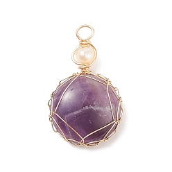 Amethyst Natural Amethyst Pendants, with Golden Tone Copper Wire Wrapped and Natural Cultured Freshwater Pearl, Oval, 34x21x8mm, Hole: 3.7mm