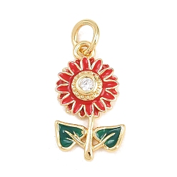 Красный Подвески из латуни с микро-паве ко Дню святого Валентина, прозрачные циркониевые подвески, с эмалью, прелести подсолнуха, без кадмия и без свинца, реальный 18 k позолоченный, красные, 17x9.5x3 мм, отверстие : 3.5 мм