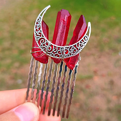 Red Natural Crystal Quartz Hair Combs, with Metal Finding, for Women, Moon, Red, 70x35mm