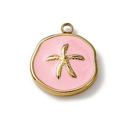 Бледно-Розовый 304 нержавеющей стальной эмали подвески, плоский круглый с подвесками в виде морских звезд, золотые, ионное покрытие (ip), розовый жемчуг, 18x15x3 мм, отверстие : 1.8 мм