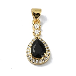 Черный Покрытие стойки настоящее 18k позолоченное латунное микро-паве подвески из кубического циркония, со стеклом, долговечный, без свинца и без кадмия, слеза, чёрные, 19x9x5 мм, отверстие : 4 мм