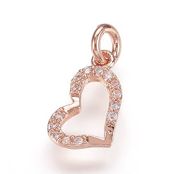 Rose Gold Brass Micro Pave Cubic Zirconia Pendants, Heart Charms, Rose Gold, 12.5x8x2mm, Hole: 3mm