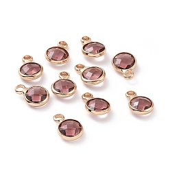 Pink Glass Flat Round Charm, with Golden Plated Brass Findings, Faceted, Pink, 9x6x3mm, Hole: 2mm
