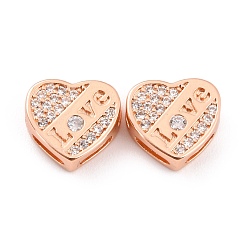 Rose Gold Brass Micro Pave Cubic Zirconia Slide Charms, Long-Lasting Plated, Cadmium Free & Lead Free, Heart with Word LOVE, Real Rose Gold Plated, 10x10.5x3.5mm, Hole: 4x1mm