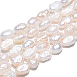 Creamy White Natural Cultured Freshwater Pearl Beads Strands, Baroque Pearls Keshi Pearl Beads, Two Sides Polished, Creamy White, 7~16x5~6.5x2.5~4.5mm, Hole: 0.6mm, about 43~45pcs/strand, 13.39~13.58 inch(33.5~34.5cm)