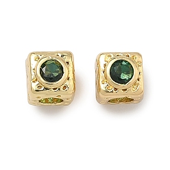 Зеленый Куб латунные микро проложить кубического циркония бусы, долговечный, стойки покрытие, без свинца и без кадмия, зелёные, 5x5x6 мм, отверстие : 2 мм