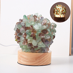 Fluorite Natural Fluorite Ball Night Light, with USB Wire and Wood Base, for Home Office Desktop Decoration, 120x90mm