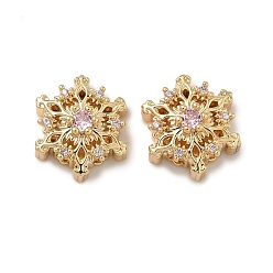 Бледно-Розовый Рождественские латунные бусины с инкрустацией кубическим цирконием, снежинка, реальный 18 k позолоченный, розовый жемчуг, 14.5x12.5x7 мм, отверстие : 1.8 мм