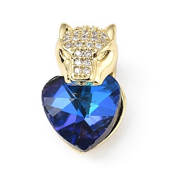 Blue Real 18K Gold Plated Rack Plating Brass Micro Pave Clear Cubic Zirconia Pendants, with Glass, Long-Lasting Plated, Cadmium Free & Lead Free, Leopard with Heart Charm, Blue, 20x12x10.5mm, Hole: 5x4mm