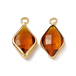 Light Peach K9 Glass Pendants, Rhombus Charms, Faceted, with Light Gold Tone Brass Edge, Light Peach, 18.5x10x5mm, Hole: 2.2mm