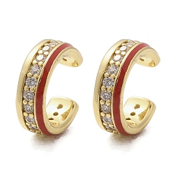 Красный C-образные латунные серьги-каффы с микропаве из кубического циркония, с эмалью, долговечный, без кадмия и без свинца, стойки покрытие, реальный 18 k позолоченный, красные, 11x3.5x10 мм