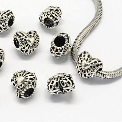 Antique Silver Alloy European Beads, Large Hole Beads, Heart, Antique Silver, 11x11x9mm, Hole: 4.5mm