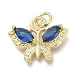 Royal Blue Brass Micro Pave Cubic Zirconia Pendants, with Jump Rings, Butterfly, Real 18K Gold Plated, Royal Blue, 16x19x4mm, Hole: 4.6mm
