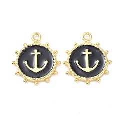 Black Eco-Friendly Stainless Steel Enamel Pendants, Real 18K Gold Plated, Long-Lasting Plated, Flat Round with Anchor, Black, 20x16.5x2.2mm, Hole: 1.9mm