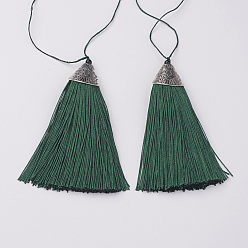 Dark Green Nylon Tassels Big Pendant Decorations, with CCB Plastic, Antique Silver, Dark Green, 85x20x10.5mm