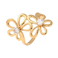 Золотой Регулируемые кольца-манжеты из нержавеющей стали с прозрачными кубическими циркониями для женщин, цветок, золотые, 304 мм, размер США 25.5 8 (1/2 мм)