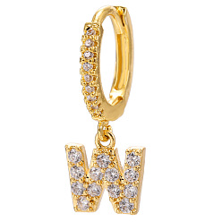 Letter W Clear Cubic Zirconia Initial Letter Dangle Hoop Earrings, Golden Brass Jewelry for Women, Letter.W, 22mm