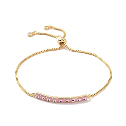 Pink Enamel Rectangle with Evil Eye Link Slider Bracelet with Cubic Zirconia, Real 18K Gold Plated Brass Lucky Jewelry for Women, Pink, Inner Diameter: 1/2~3 inch(1.2~7.6cm)