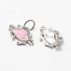 Pink Brass Micro Pave Cubic Zirconia Charms, with Synthetic Opal, Crab, Platinum, Pink, 10x15x2mm, Hole: 4.5mm