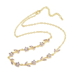 Purple Brass Pave Cubic Zirconia Flower Link Chain Necklaces, Cadmium Free & Lead Free, Rack Plating, Long-Lasting Plated, Real 18K Gold Plated, Purple, 17.28 inch(43.9cm)