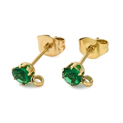 Изумруд Ионное покрытие (ip) 304 фурнитура для сережек-гвоздиков из нержавеющей стали с кубическим цирконием, круглые, изумруд, 6x4 мм, отверстие : 1.4 мм, штифты : 15.5x0.7 мм