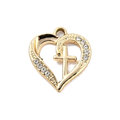Golden UV Plating Alloy Rhinestone Pendants, Heart with Cross Charms, Golden, 19.5x17.5x2.5mm, Hole: 2mm
