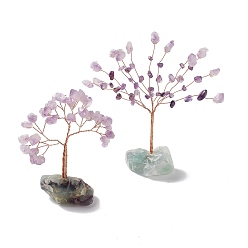 Amethyst Natural Amethyst Tree Display Decoration, Reiki Spiritual Energy Tree, Raw Fluorite Base Feng Shui Ornament for Wealth, Luck, Rose Gold Brass Wires Wrapped, 36~39x92~154x124~155mm