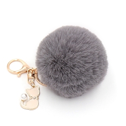Gray Imitation Rabbit Fur Pom-Pom & Cat Keychain, Bag Pendant Decoration, Gray, 8cm