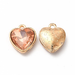Sandy Brown Faceted Glass Rhinestone Pendants, with Golden Tone Zinc Alloy Findings, Heart Charms, Sandy Brown, 16.5x14x6.5mm, Hole: 1.6mm