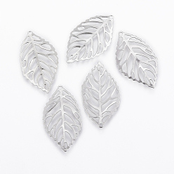 Stainless Steel Color 201 Stainless Steel Pendants, Leaf, Filigree, Stainless Steel Color, 23.5x13.5x0.2mm, Hole: 1mm