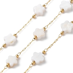 White Ion Plating(IP) Real 18K Gold Plated 316 Stainless Steel Paperclip Chains, with Flower Natural White Shell Beaded, with Spool, Soldered, White, 6.5x7x3mm