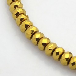 Golden Plated Electroplate Non-magnetic Synthetic Hematite Beads Strands, Faceted Rondelle, Golden Plated, 4x3mm, Hole: 1mm, about 141pcs/strand, 15.7 inch